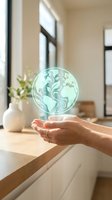 Hands holding glowing green Earth globe in modern kitchen interior representing environmental protection and sustainability awareness for eco-friendly living.
