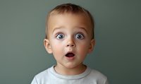 Surprised toddler with wide blue eyes and open mouth expressing wonder against green background, wearing white t-shirt. Emotional portrait capturing childhood amazement.