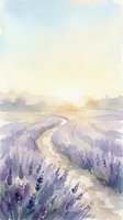 Watercolor lavender field with winding path through purple flowers under soft sky. Peaceful countryside landscape painting for relaxation and wellness themes.