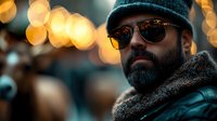 Bearded man wearing sunglasses and winter hat against blurred bokeh lights background. Moody atmospheric portrait with warm evening glow and urban style.