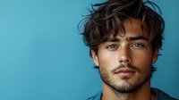 Young Latino male model with tousled dark hair and facial stubble poses confidently against turquoise blue background, showcasing modern masculine style and natural lighting.