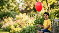 Young boy of East Asian descent wearing yellow shirt holding red balloon in sunny garden setting, ideal for children, happiness, celebration, and outdoor lifestyle content.