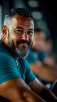 Mature Hispanic man with beard smiling warmly in casual blue shirt, portrait with soft bokeh background for lifestyle and business content.