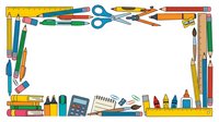 Colorful school supplies and stationery arranged in a frame border with scissors, pencils, markers, ruler, calculator, and paintbrushes on white background for educational design projects.