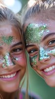 Young women with bright smiles wearing mint green glitter makeup on faces against blurred green background, close up portrait showing joyful festival style.
