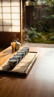 Traditional tea ceremony setup with ceramic cups and bamboo whisk on wooden table in serene room with garden view and natural lighting for meditation.