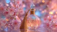 Elegant perfume bottle with gold tassel surrounded by delicate cherry blossoms against dreamy bokeh background.