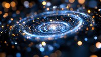 Spiral galaxy with glowing particles and bokeh lights creating cosmic swirl pattern. Digital space art with luminous stars and nebula effects for astronomy concepts.