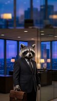 Anthropomorphic raccoon businessman in suit standing in modern office with city skyline view at dusk, corporate executive concept for business success.