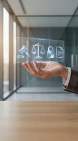 Businessman hand presenting holographic legal icons including gavel, scales of justice, dollar sign and document in modern office environment.