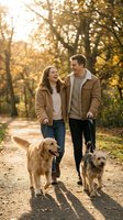 Happy young couple walking dogs on autumn forest path during golden hour sunset with warm light filtering through trees creating romantic atmosphere.