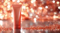 Luxury cosmetic cream tube on rose gold glitter surface with bokeh lights background, elegant skincare product presentation for beauty industry.