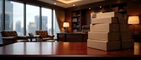 Executive office with stacked cardboard boxes on wooden desk, modern furniture, floor-to-ceiling windows overlooking cityscape, warm lighting, relocation or storage concept.