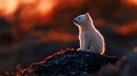 White arctic fox cub silhouetted against dramatic sunset sky, sitting alert on snowy hill with orange backlight creating glowing outline along fur edges.