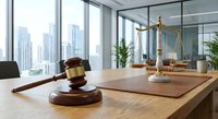 Wooden gavel and golden scales of justice on a courtroom desk with city skyline view, symbolizing law, order, and legal authority.