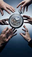 Multiple hands reaching toward vintage pocket watch with exposed gears symbolizing time management, teamwork, and collective effort in business collaboration.