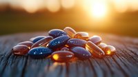 Colorful vitamin and supplement capsules on wooden surface at sunset with golden bokeh background, macro photography highlighting transparency and reflection.