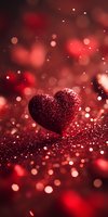 Red glittery heart on sparkly surface with romantic bokeh background in deep crimson tones, creating magical Valentine atmosphere for greeting cards and love concepts.