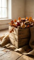 Rustic wooden crate filled with colorful autumn leaves on burlap fabric near window with warm natural light for seasonal home decor and harvest displays.