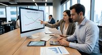 Business professionals analyzing financial data on computer screen in modern office workspace for strategic planning and decision making.