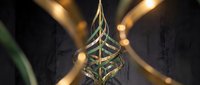 Geometric golden wireframe ornament suspended in dark space with glowing bokeh lights, suitable for luxury branding and festive design projects.