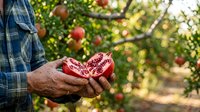 Mature male farmer holding freshly harvested pomegranate halves in orchard with ripe fruit on trees, showcasing agricultural harvest and organic farming practices.