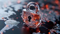 Digital padlock with glowing orange circuit pattern on dark background with binary code, representing cybersecurity and data protection in modern technology.