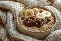 Warm bowl of oatmeal topped with sliced bananas, chocolate sauce and mixed nuts on cozy knitted background. Healthy breakfast concept for cold winter mornings.