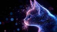 Mystical cat silhouette made of glowing particles and sparkles against dark background, cosmic energy flows creating magical feline profile in blue and pink colors.