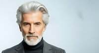 Senior man with gray hair and beard wearing dark turtleneck and blazer, professional headshot for corporate, business, and executive portrait use.