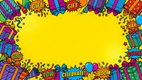 Colorful comic book style gift boxes and celebration words frame bright yellow background with copy space for promotional text or announcements.