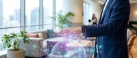 Professional businessman in navy suit using holographic digital globe technology in modern office with city skyline view for global business solutions.