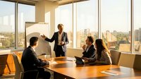 Male professional in business suit presenting to diverse team in modern high-rise office conference room with city skyline views. Corporate meeting, leadership training, business strategy session.