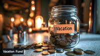 Glass jar filled with coins and labeled vacation against blurred warm lights background, symbolizing savings and financial planning for travel goals.
