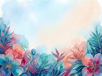 Watercolor tropical floral background with hibiscus and palm leaves in teal, coral and pink tones, copy space for text.