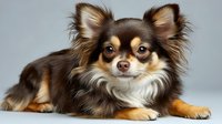 Adorable long-haired Chihuahua puppy with brown, tan and white fur lying down on white background, perfect for pet care and animal lover designs.
