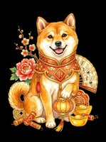 Cheerful Shiba Inu dog wearing red and gold traditional Asian ceremonial robes with decorative fan, holding lantern and surrounded by flowers, coins and festive ornaments, isolated on transparent background for t-shirt design, stickers, clipart and print-on-demand products.