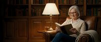 Senior Caucasian woman with gray hair and glasses reading book in cozy library armchair with warm lamp light and wooden bookshelves background.