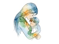 Watercolor mother holding baby in tender embrace with earth tones and blue hues on white background isolated for design projects and greeting cards.