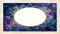 Cosmic starry night sky background with golden geometric frame and white oval space for text or design elements.