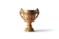 Ornate bronze trophy cup with floral baroque decorative elements and handles featuring cherub figures against white background, isolated luxury award symbol.