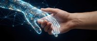 Human hand reaching toward digital robotic hand with glowing network connections representing artificial intelligence and human-technology collaboration.