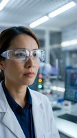 Asian female scientist wearing safety goggles and lab coat in modern research laboratory with equipment and fluorescent lighting for medical studies.