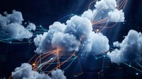 Cloud computing network with glowing connections and data streams in dark blue sky for technology and digital transformation concepts.