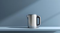 Modern stainless steel electric kettle on minimalist blue counter with dramatic diagonal shadow, perfect for contemporary kitchen and lifestyle designs.