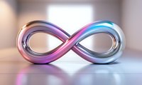Metallic infinity symbol with gradient color transition from pink to blue on reflective surface, modern minimalist design for business and technology concepts.