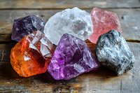 Raw healing crystals and mineral stones in various colors including amethyst, rose quartz, clear quartz, and citrine on rustic wooden background for spiritual practice.