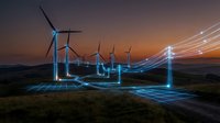 Wind turbines with glowing digital network connections at sunset showcasing renewable energy technology and smart grid infrastructure for sustainable power generation.