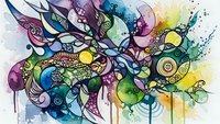 Vibrant abstract watercolor composition with intricate doodle patterns, swirls and organic shapes in rainbow colors for creative design projects.