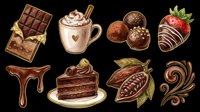 Chocolate dessert and confectionery elements collection isolated on transparent background, ready for t-shirt design, clipart, stickers, print-on-demand products and sublimation projects.
